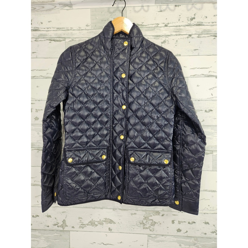 J Crew Navy Blue Quilted Down Puffer Jacket Gold Snap Front XXS